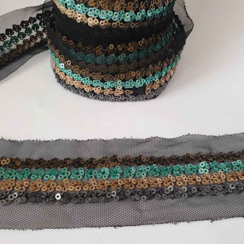 Тасьма з паєткою на сітці 5см, Зелений-Беж