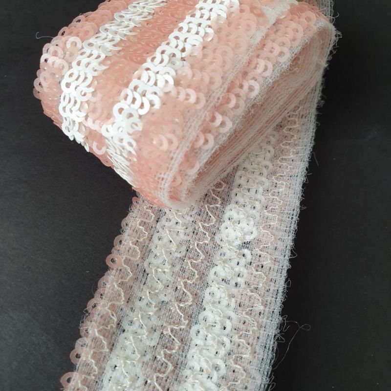 Тасьма з паєтками 3,5 см, Рожевий-Білий