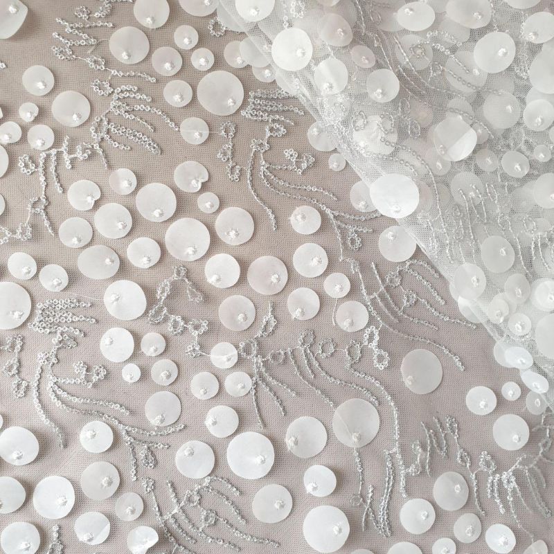 Сітка "Space" розшита паєтками з елементами органзи 1232_02 Біла
