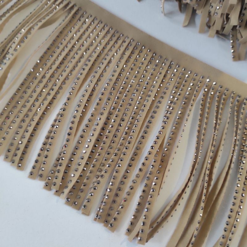 Бахрома замшева 15 см, стрази скло, бежевий